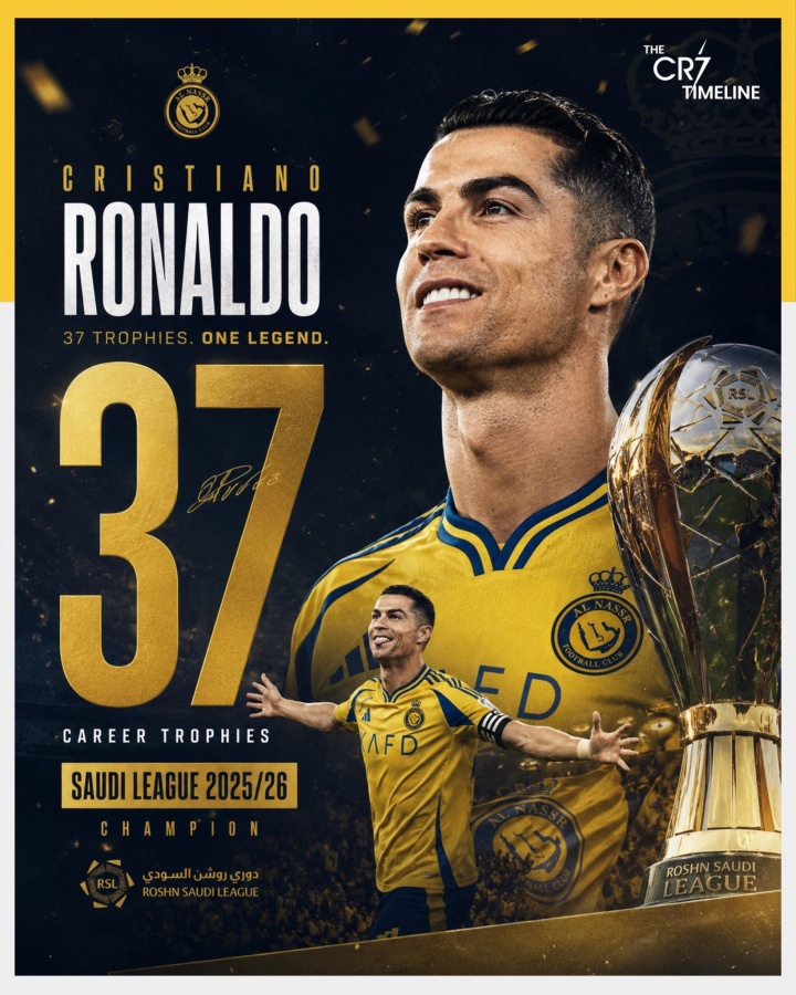 传奇仍在继续! 41岁的C罗职业生涯获得了37个冠军:其中俱乐部34个 国家队3个